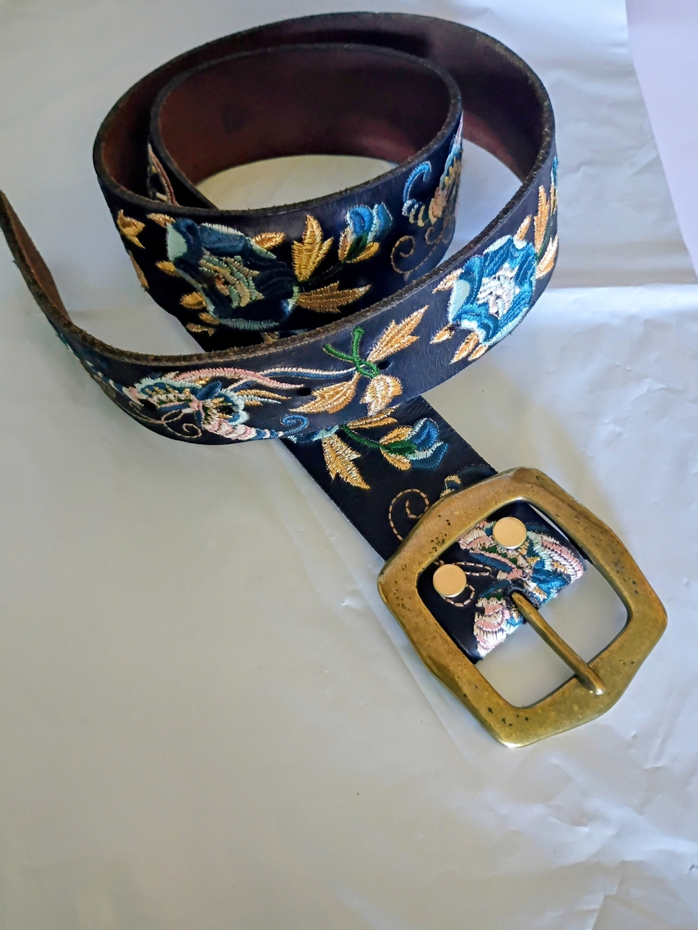 Embroidered Floral Leather Belt with Brass Buckle - Blue 35-39 Inches